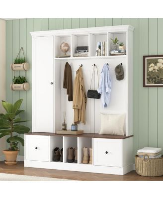 62.2" Farmhouse Hall Tree with Shoe Storage Bench and Coat Rack