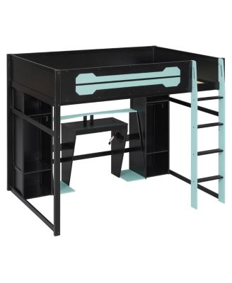  Full-Size Wooden Gaming Loft Bed with Desk, Storage and LED Light