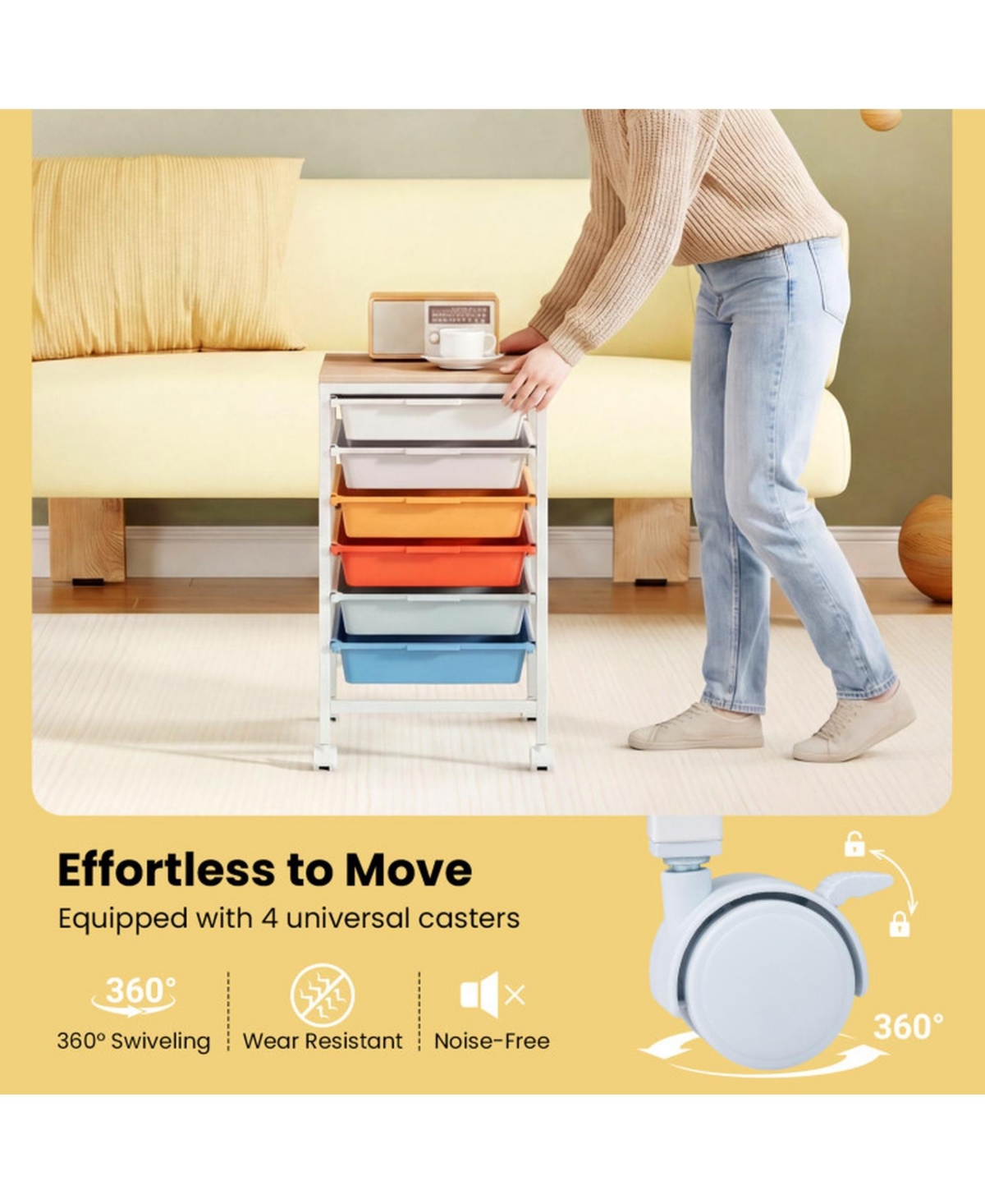 Sugift 6-Drawer Rolling Storage Cart with Wooden Tabletop and Lockable Swivel Casters