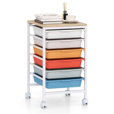 6-Drawer Rolling Storage Cart with Wooden Tabletop and Lockable Swivel Casters