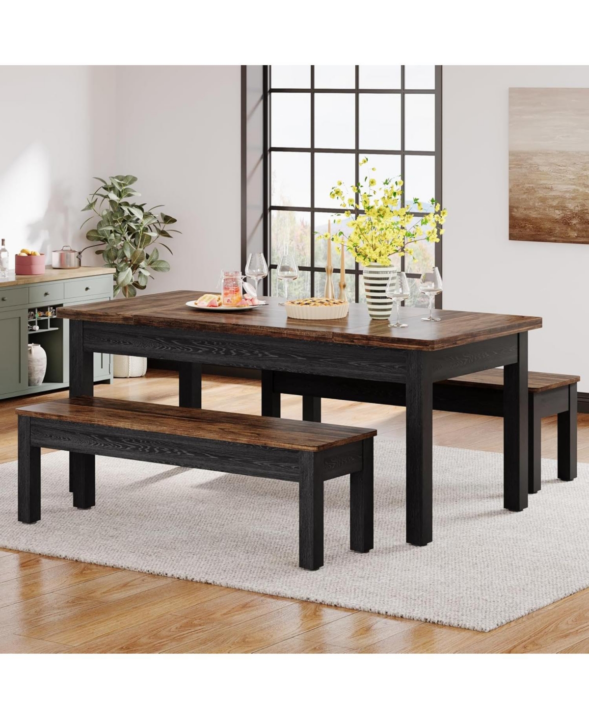 Tribesigns 55" Farmhouse Dining Table Set with 2 Benches