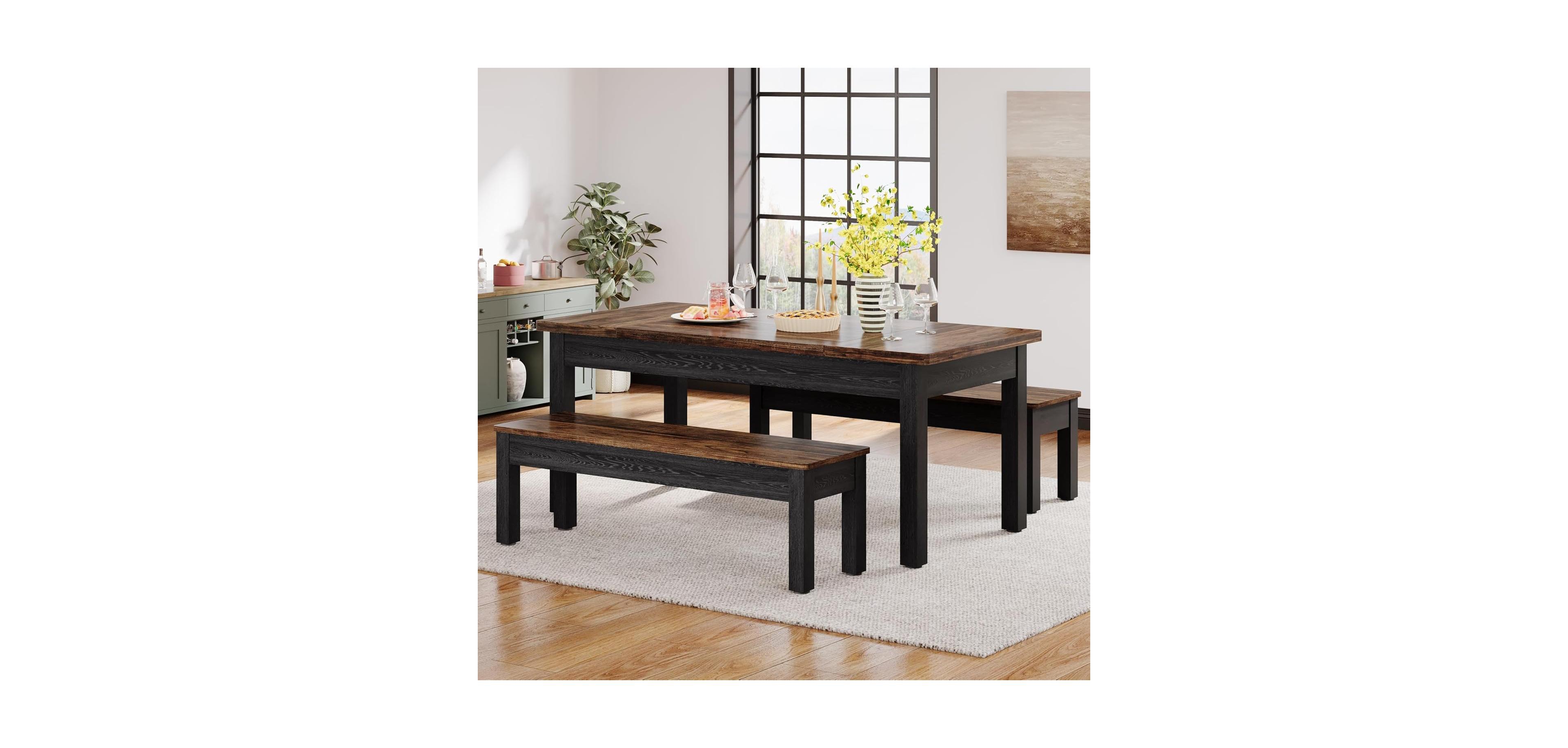 Tribesigns 55" Farmhouse Dining Table Set with 2 Benches
