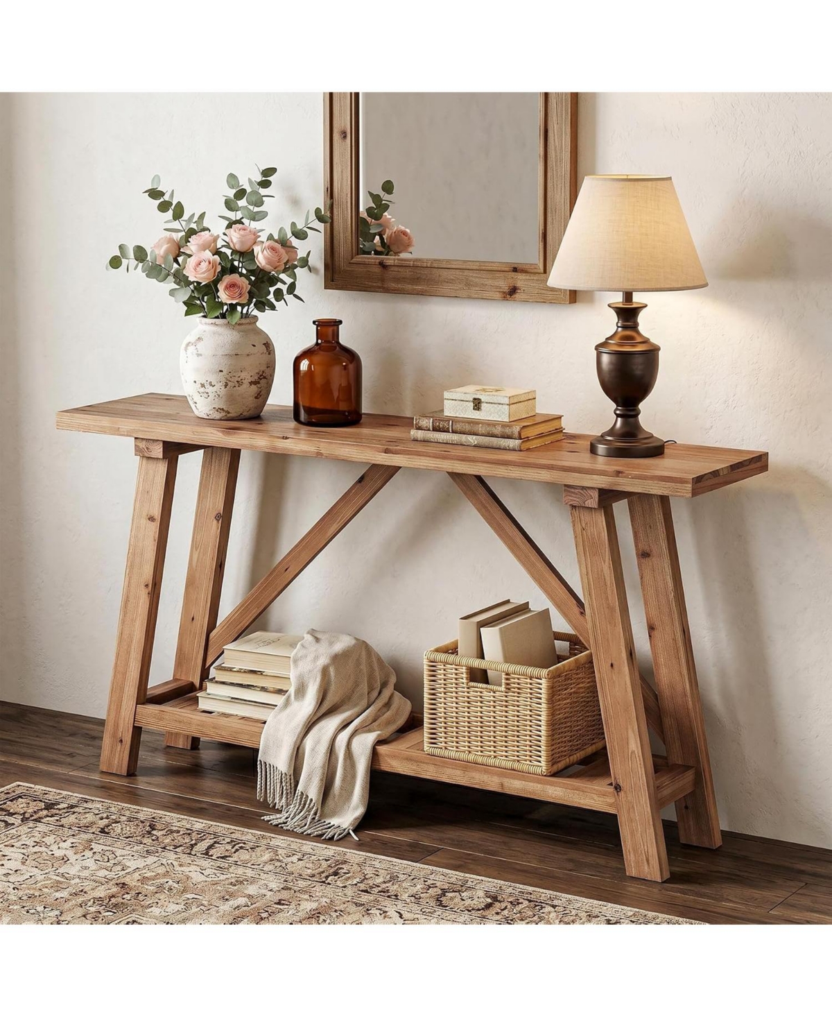 Tribesigns 62.9" Solid Wood Console Table with Storage Shelf