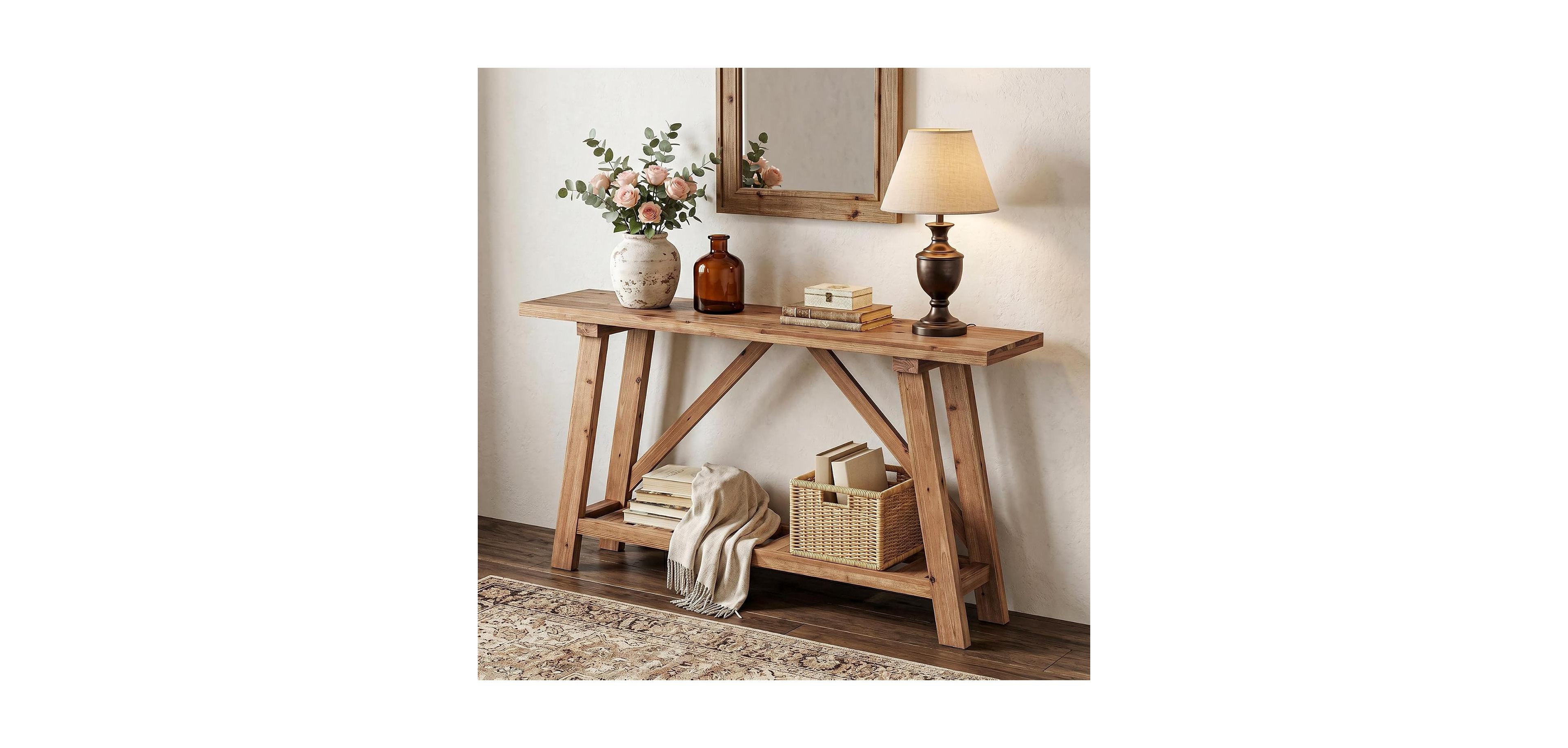 Tribesigns 62.9" Solid Wood Console Table with Storage Shelf