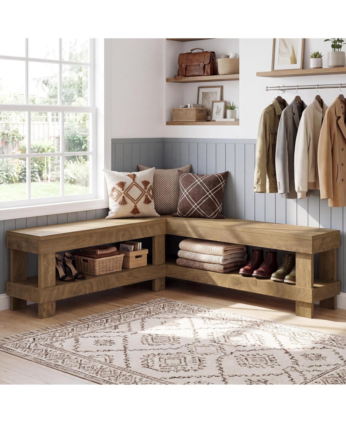 Tribesigns L-Shaped Bench with Storage,61" Corner Breakfast Nook Bench - Brown