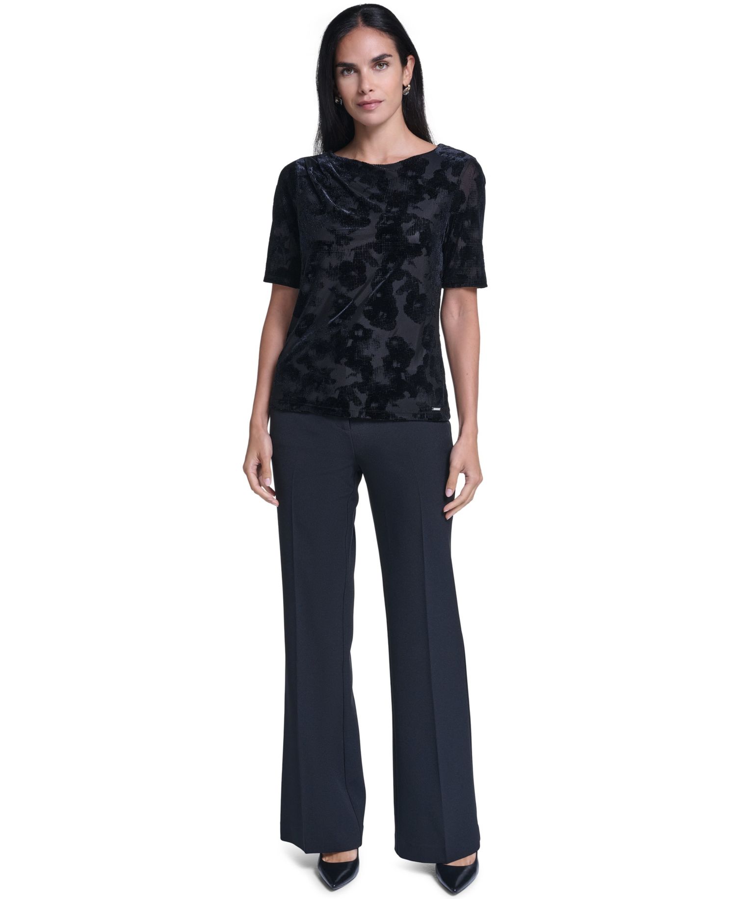 Women's Short-Sleeve Pleated Floral Blouse