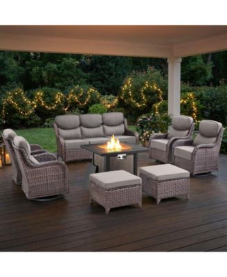 Homile 8 Pieces All-Weather Wicker Patio Furniture Set With Propane Fire Pit Table, Swivel Rocking Chairs and 6in Thick Cushions