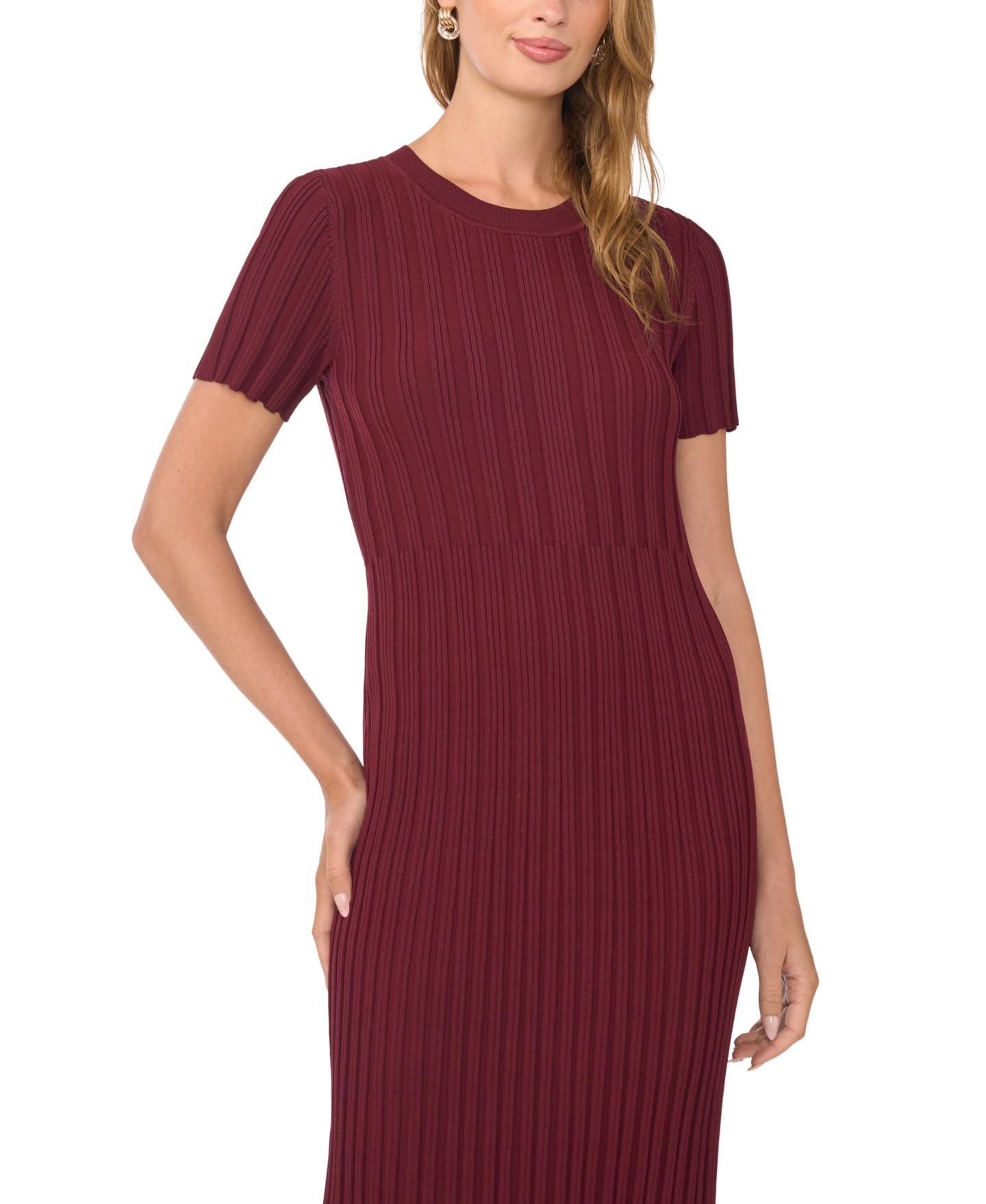 Женское платье 1.STATE Short-Sleeve Crewneck Ribbed Midi, цвет: Красный свекольный — фото 2