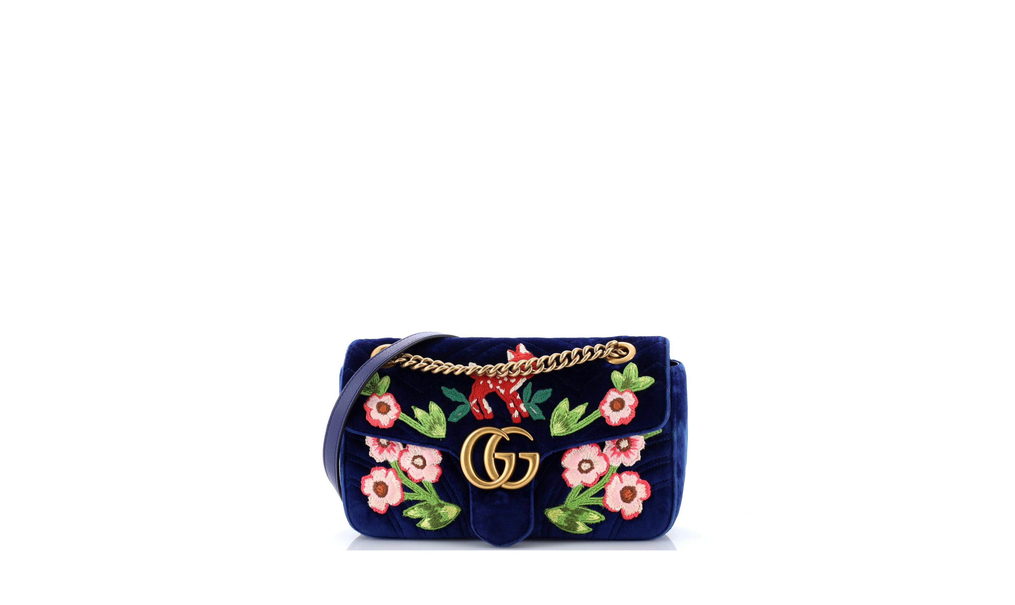 Pre-Owned Gucci Small Gg Marmont Flap Bag Embroidered Matelasse Velvet