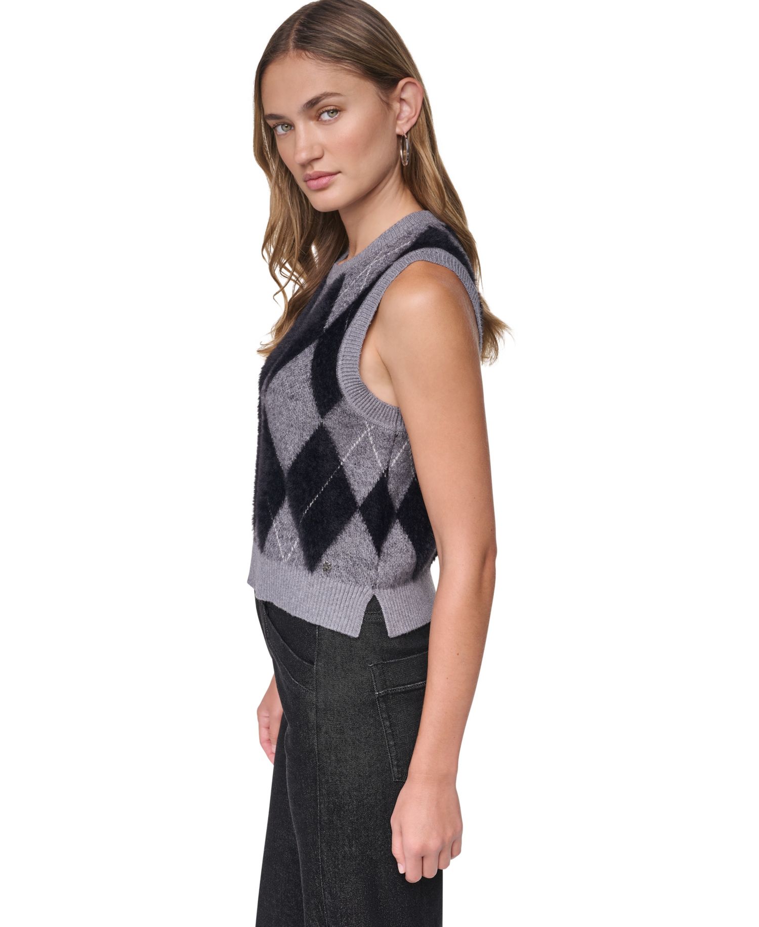 Women's Argyle Fuzzy-Yarn Side-Slit Crewneck Vest Sweater