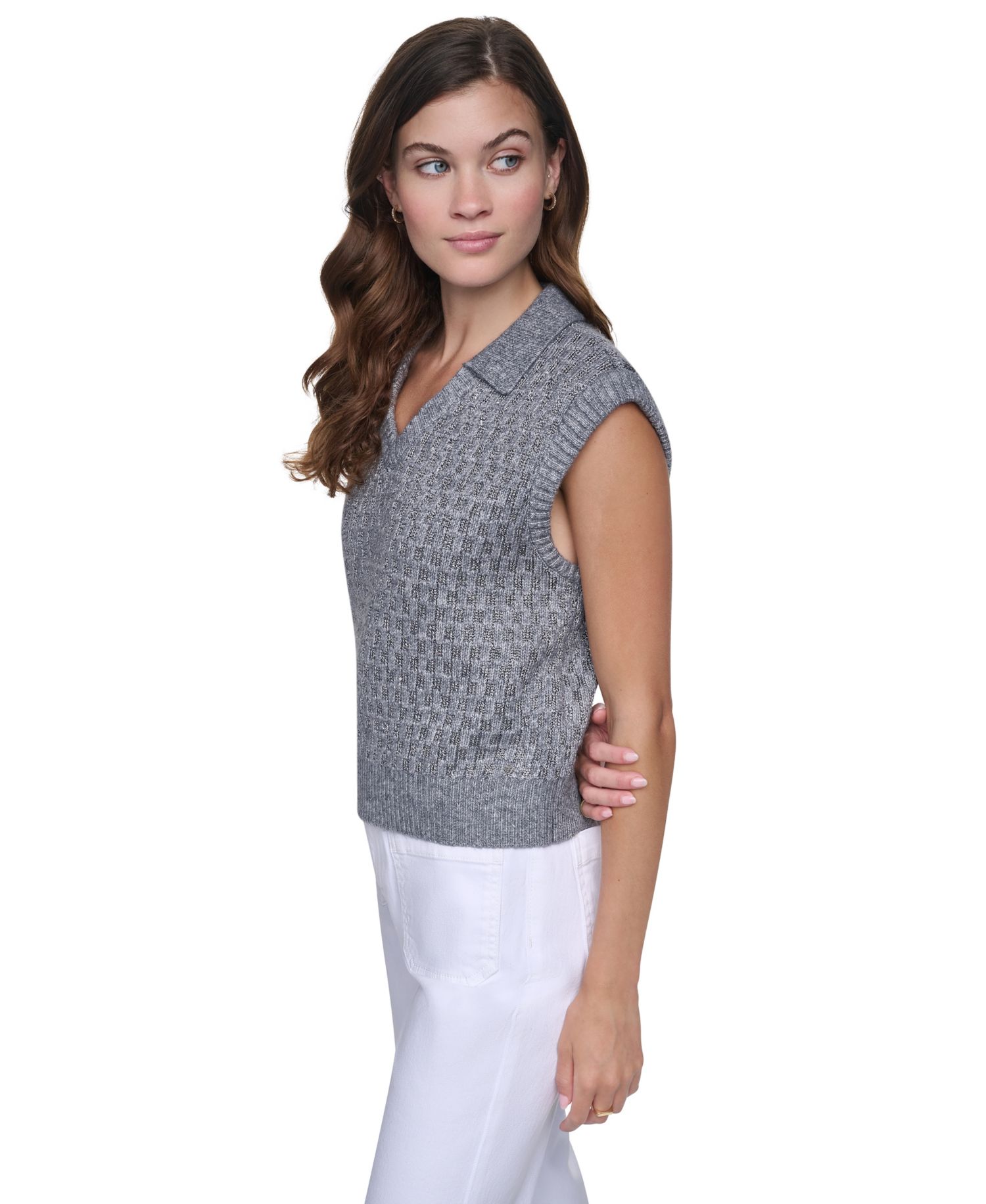Women's Sleeveless V-Neck Collared Sweater