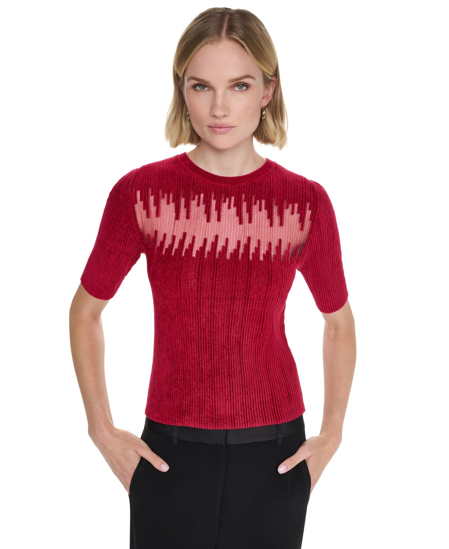 Petite Crewneck Short-Sleeve Ribbed Sweater