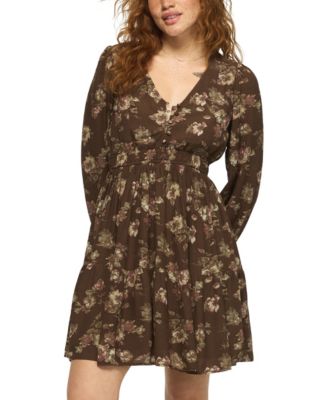 Women's Long-Sleeve Smocked-Waist Floral Mini Dress