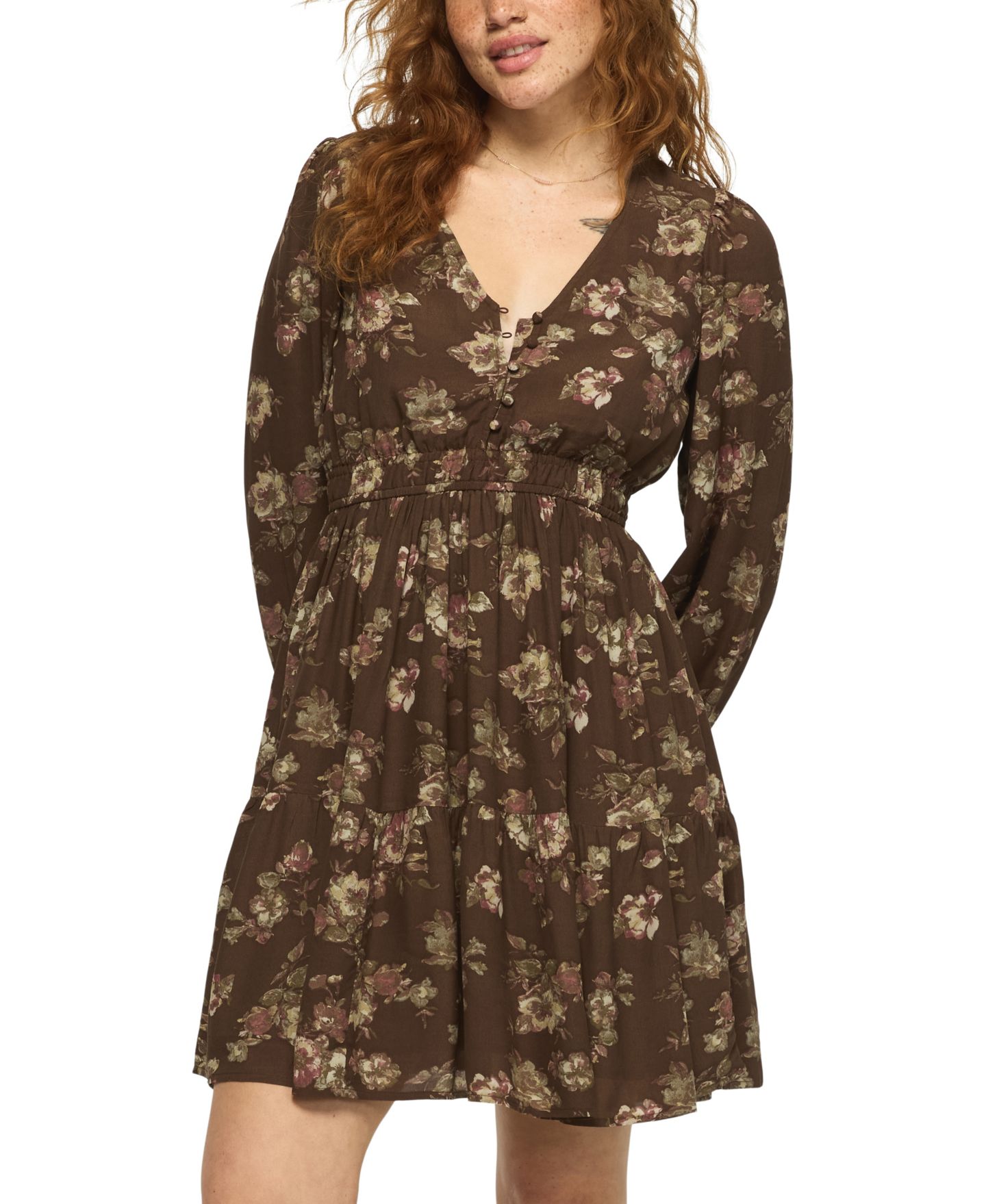 Женское платье Lucky Brand Long-Sleeve Smocked-Waist Floral Mini, цвет: Серо-коричневый с принтом — фото 1