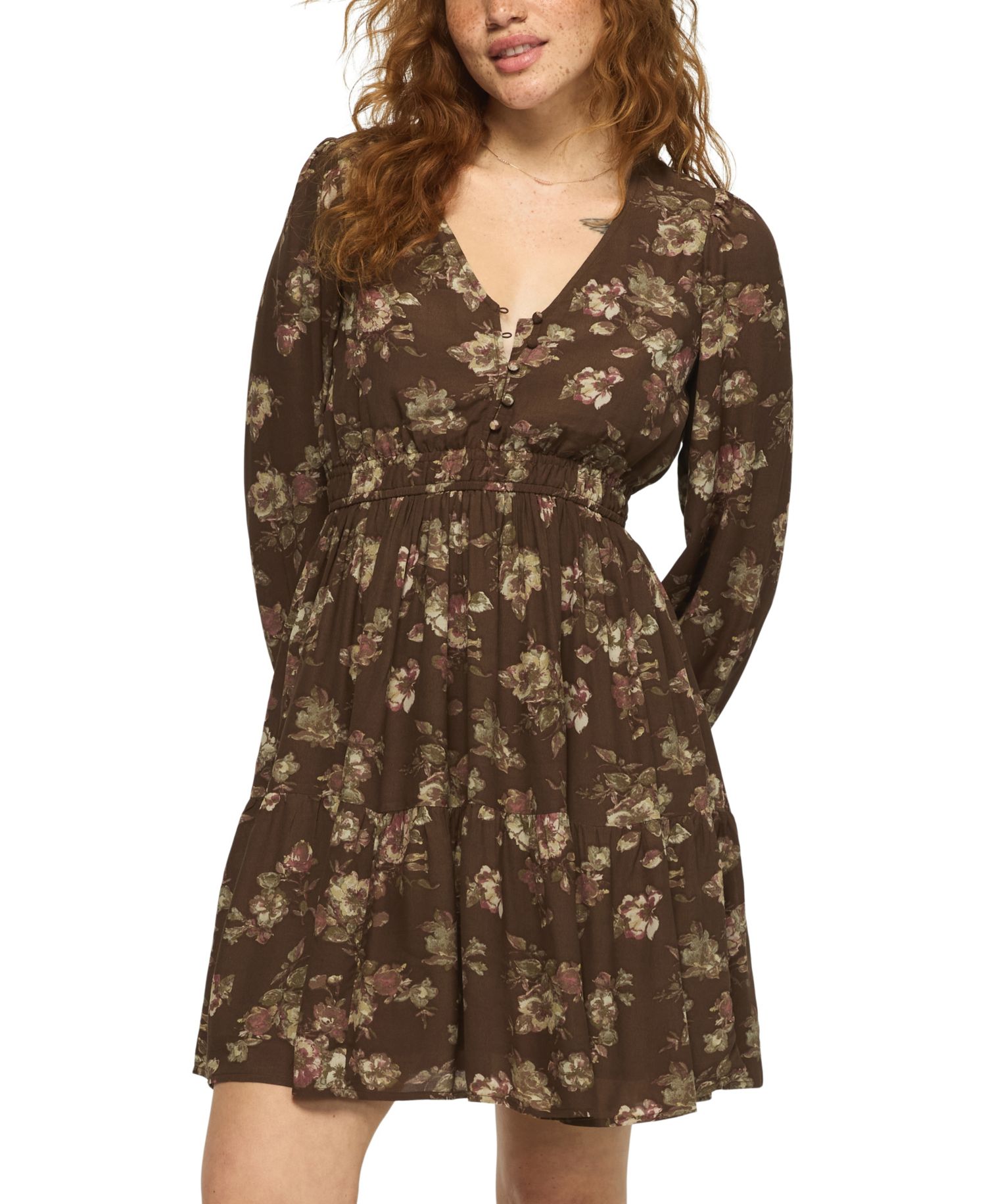 Women's Long-Sleeve Smocked-Waist Floral Mini Dress