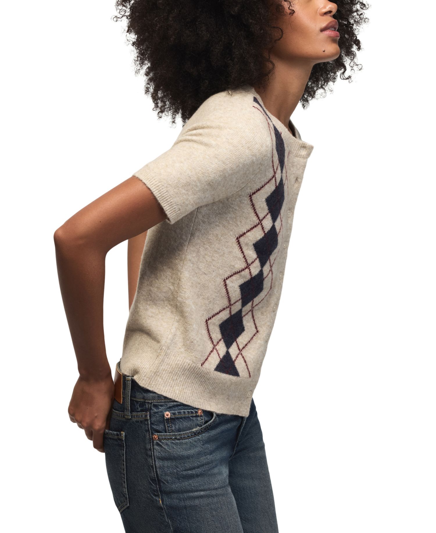 Women's Argyle Crew-Neck Short-Sleeve Cardigan