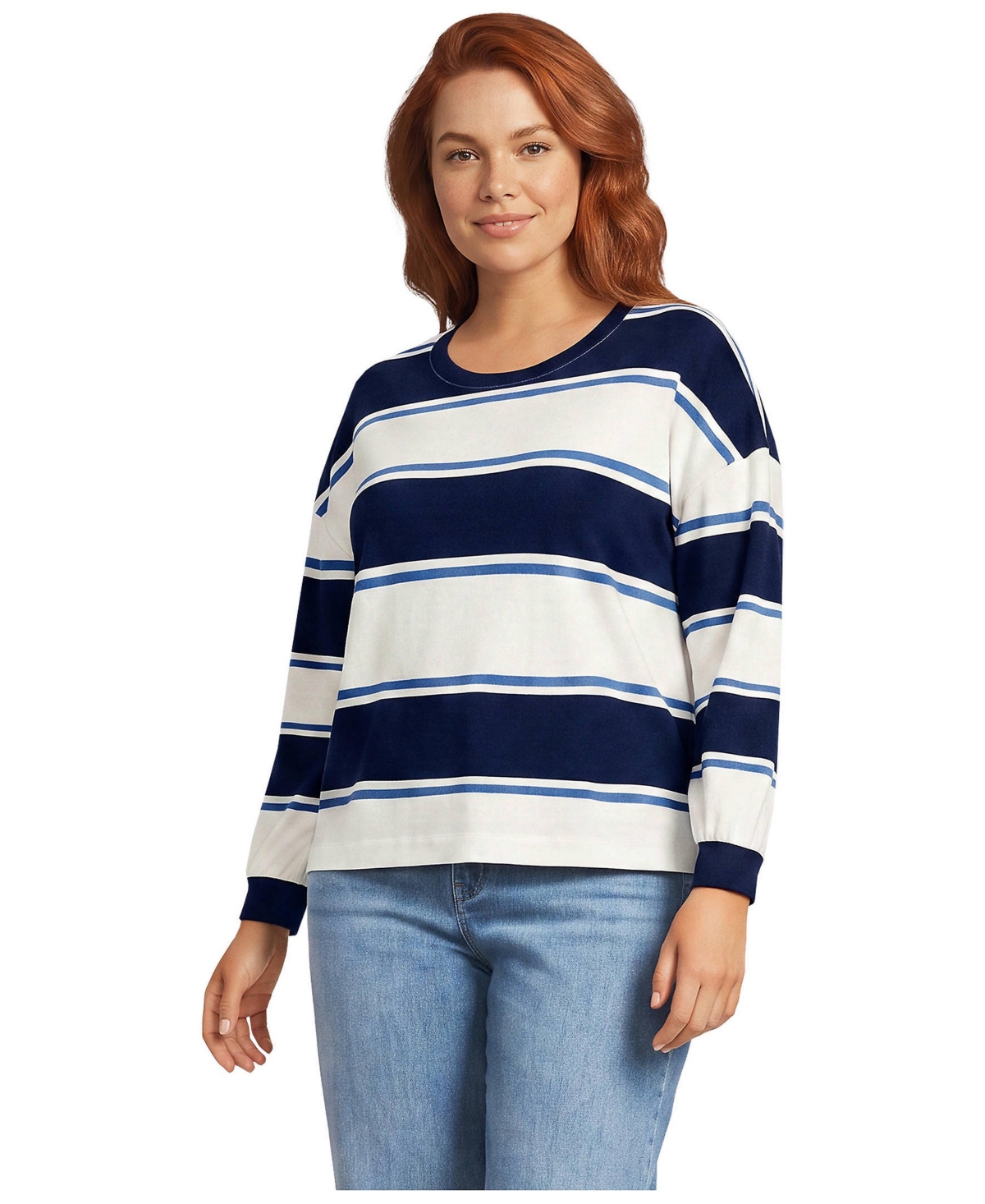 Lands' End Plus Long-Sleeve Breton-Stripe Relaxed-Fit T-Shirt