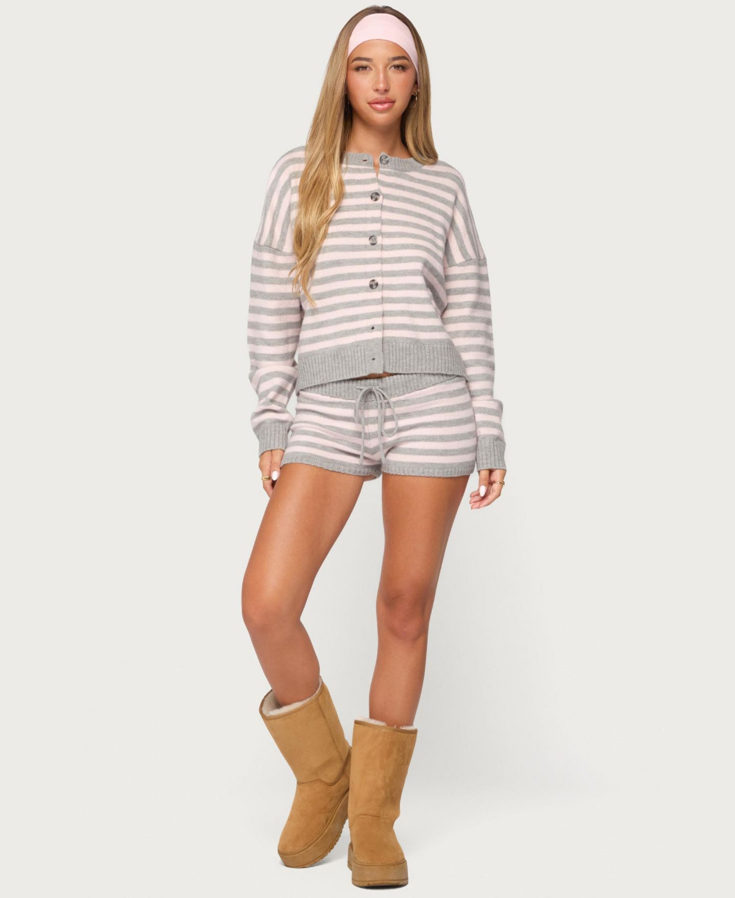 Женский кардиган Edikted Abra Striped Crewneck Crop, цвет: Серый меланжевый розовый — фото 3