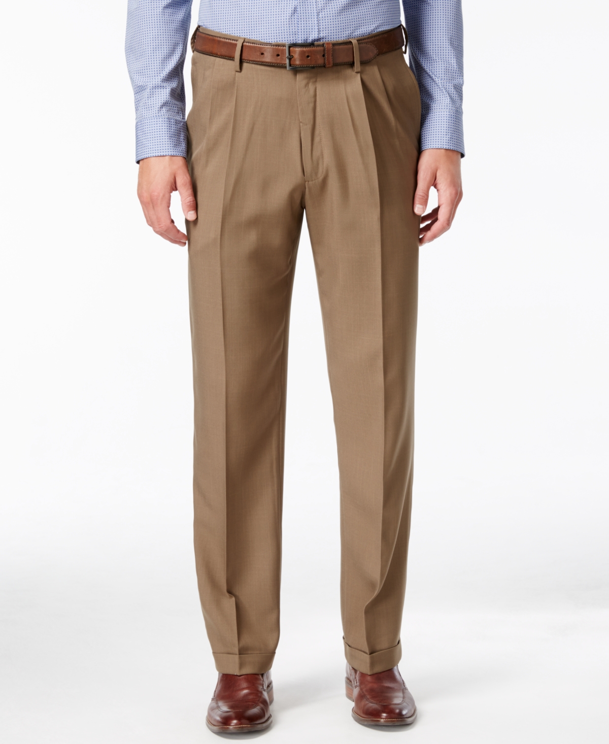 Men's Texture Weave Classic Fit Pleated Hidden Expandable Waistband Dress Pants - Khaki