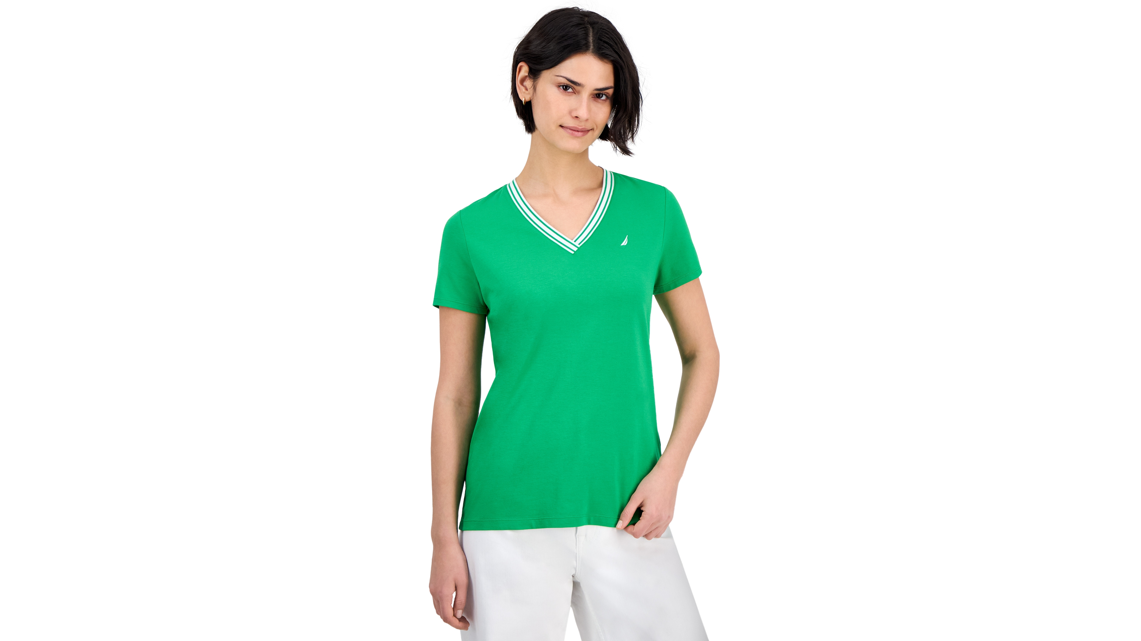 Nautica Jeans Women's Solid Stripe-Trim V-Neck