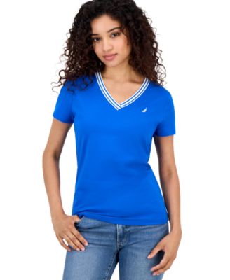 Women's Solid Stripe-Trim V-Neck Top