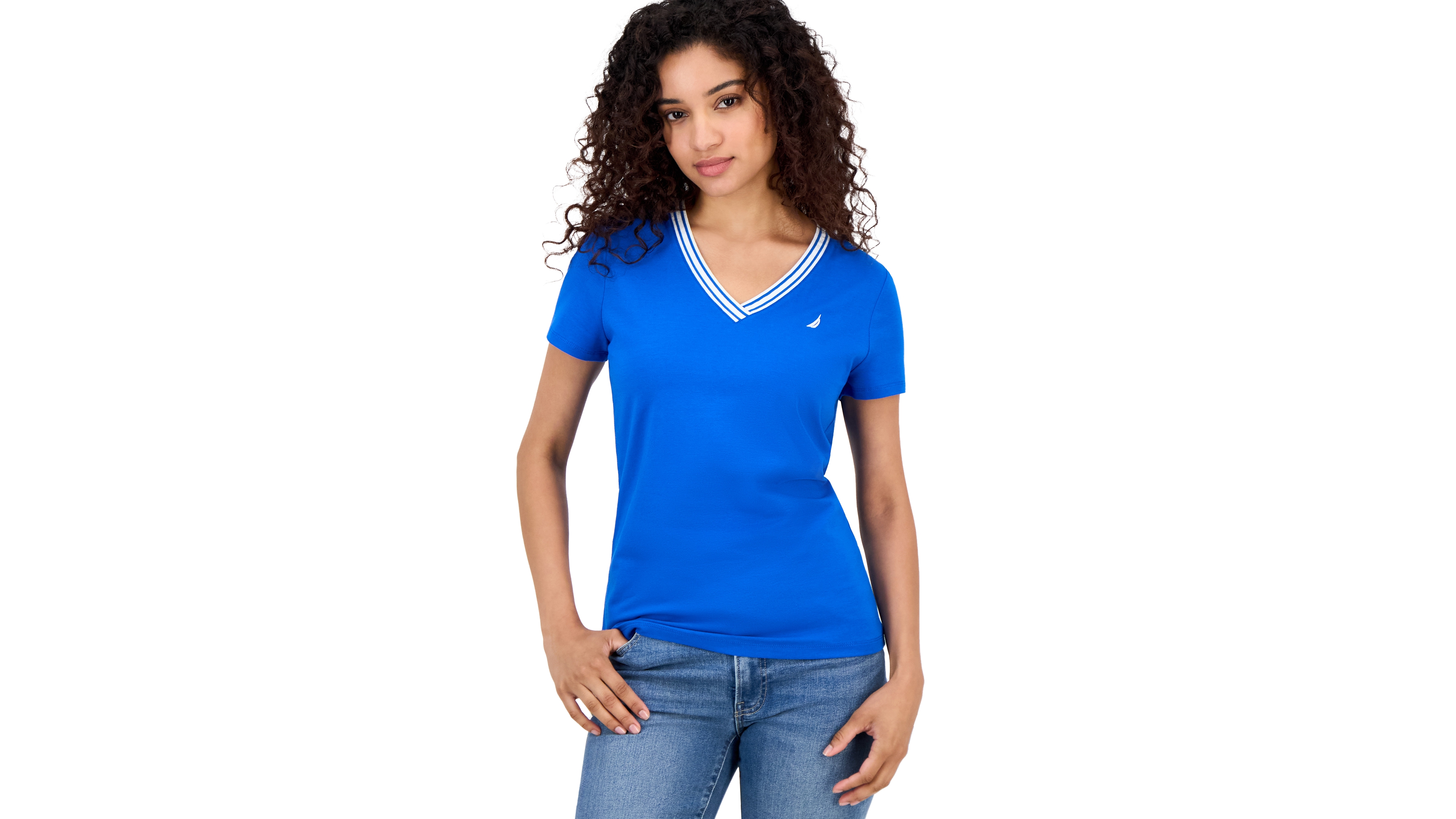 Nautica Jeans Women's Solid Stripe-Trim V-Neck