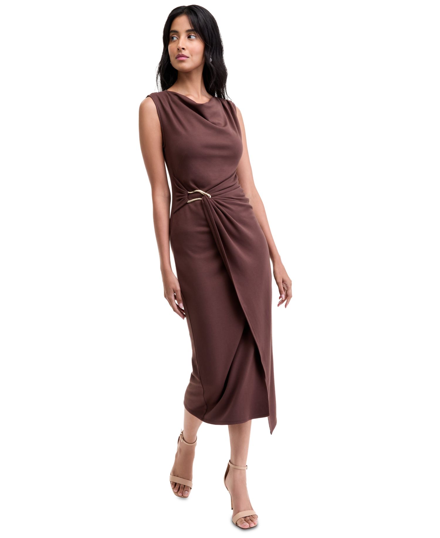 Women's Sleeveless Boat Neck Pont&eacute;-Knot Wrap Midi Dress