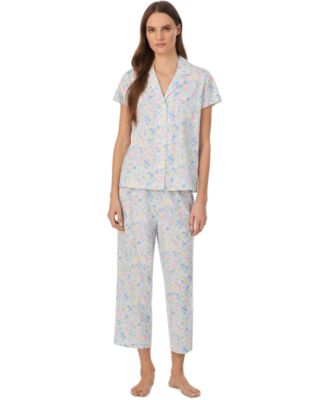 Petite Short-Sleeve Notch Collar Cropped Pant Pajama Set