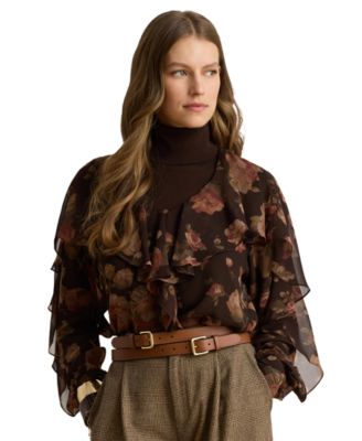 Women's Graceful Floral-Print Ruffle-Trim Chiffon V-Neck Blouse