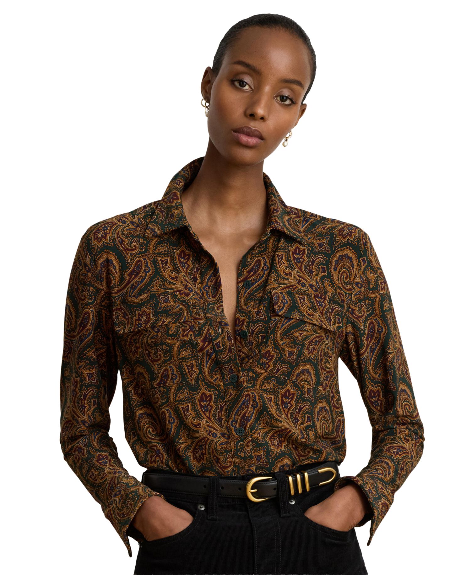 Women's Paisley Stretch Jersey Shirt Long-Sleeve Button-Up Blouse