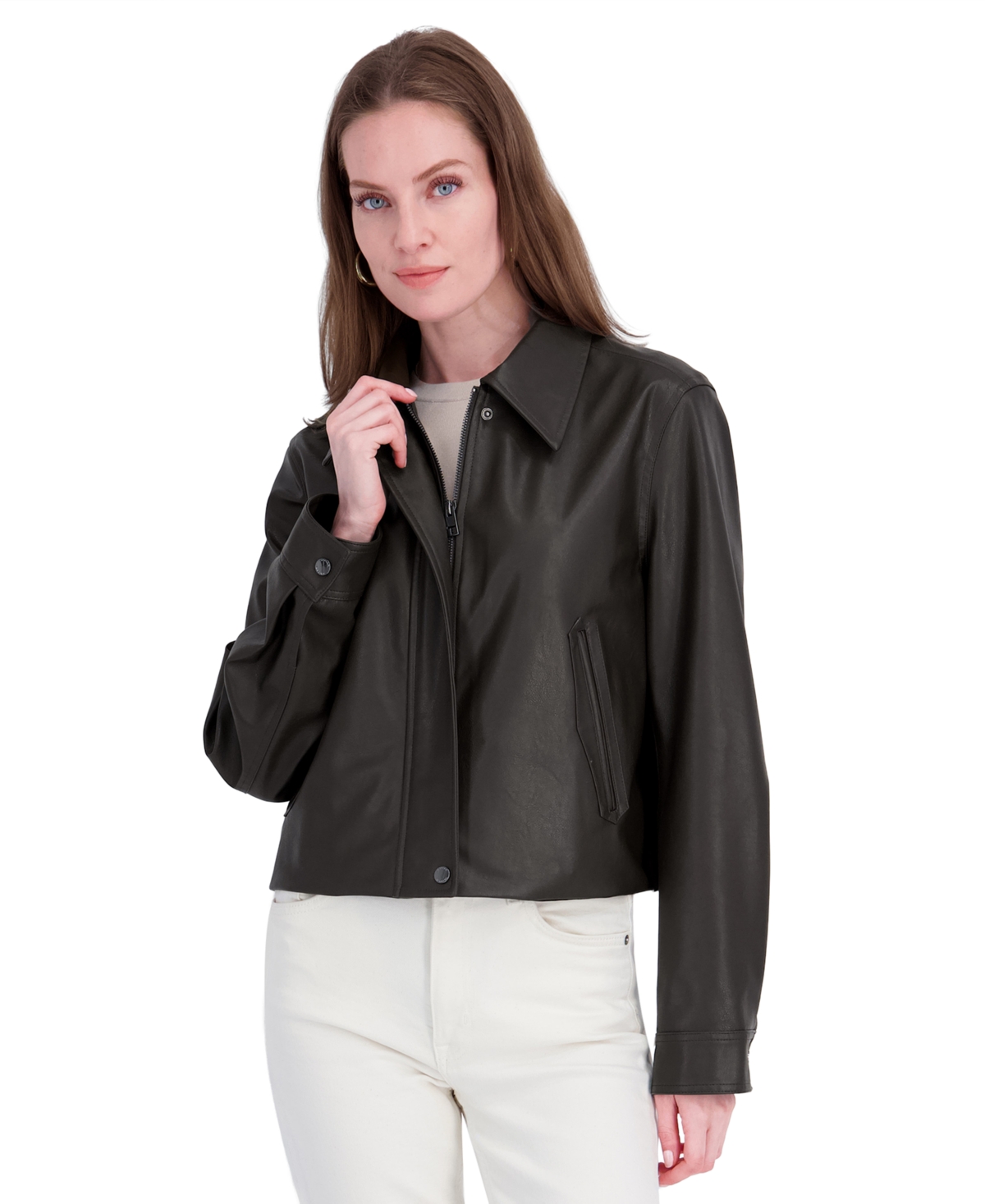 Tahari Women's Faux Leather Zip-Up Coat