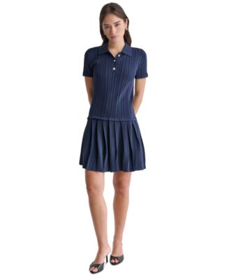 Women's Short-Sleeve Pleated Drop-Waist Sweater Dress