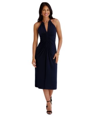 Women's Ruched Halter V-Neck Midi Dress