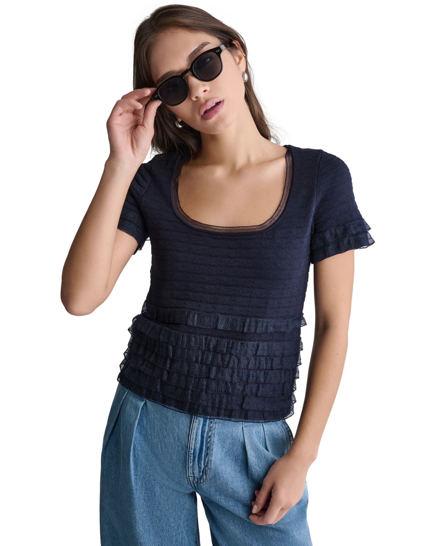Women's Pointelle Ruffle Short-Sleeve Sweater
