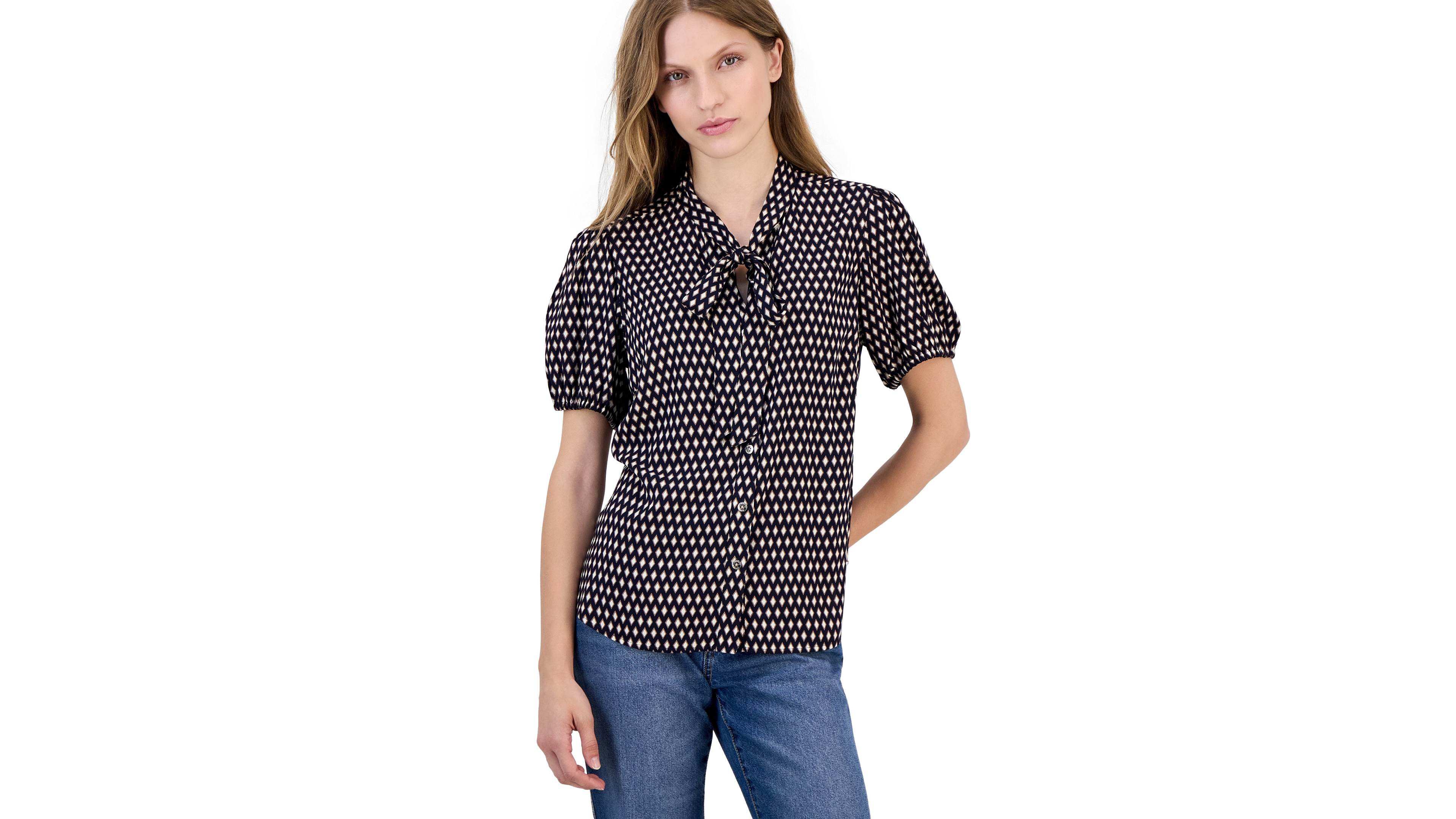 Nautica Women's Printed Puff-Sleeve Button-Front Shirt