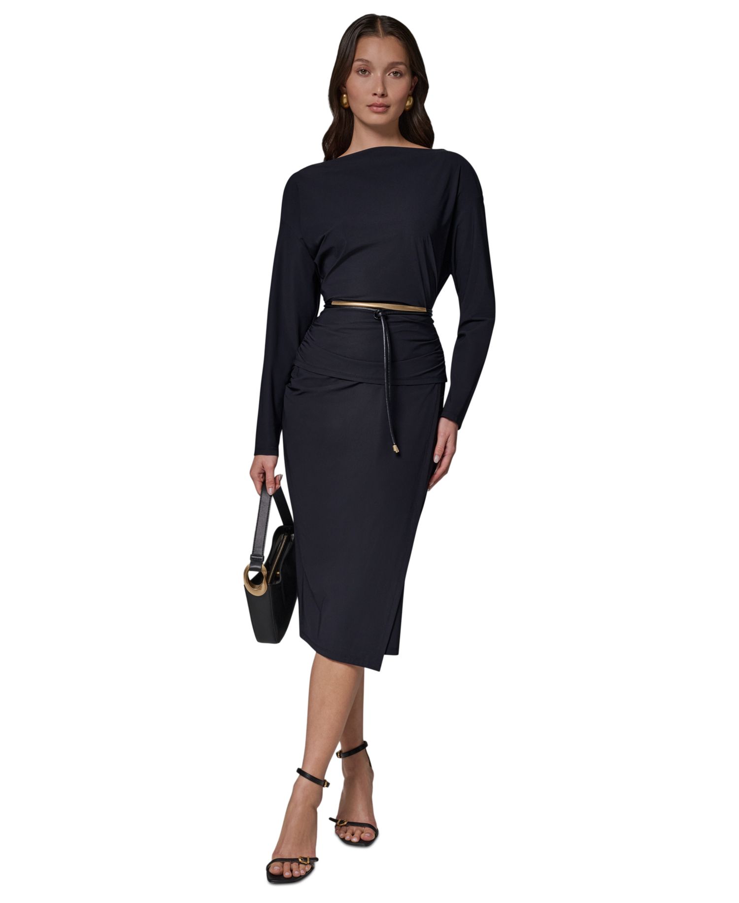 Two-Piece Long-Sleeve Draped Top & Pencil Skirt Set with Belt