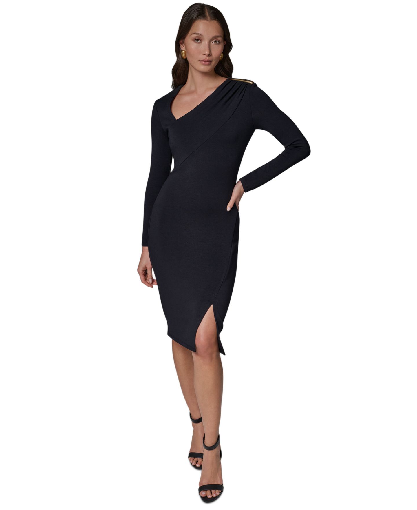 Женское платье Donna Karan New York Long-Sleeve Asymmetrical Neck Sheath, цвет: Чёрный — фото 1