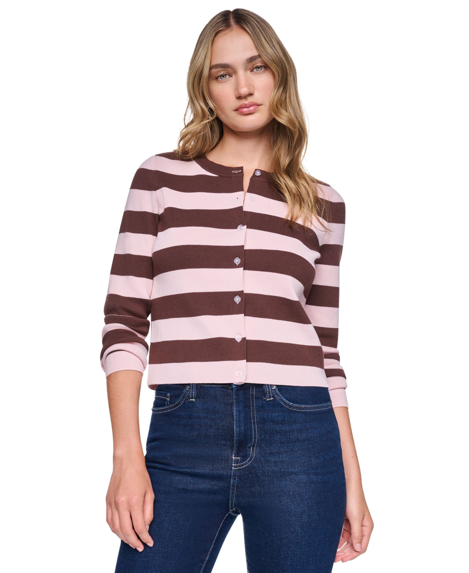 Women's Cropped Stripe Long-Sleeve Crew Neck Cardigan