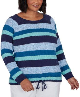 Plus Size Scoop Neck Long-Sleeve Marled-Stripe Pullover Sweater