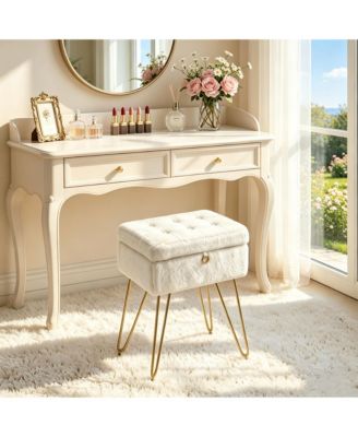 Vanity Stool Chair with Storage,Vanity Bench,Faux Fur, Modern Cute Small Footrest,Soft Ottoman,Metal Legs,Adjustable Feet, for Living Room,Bedroom