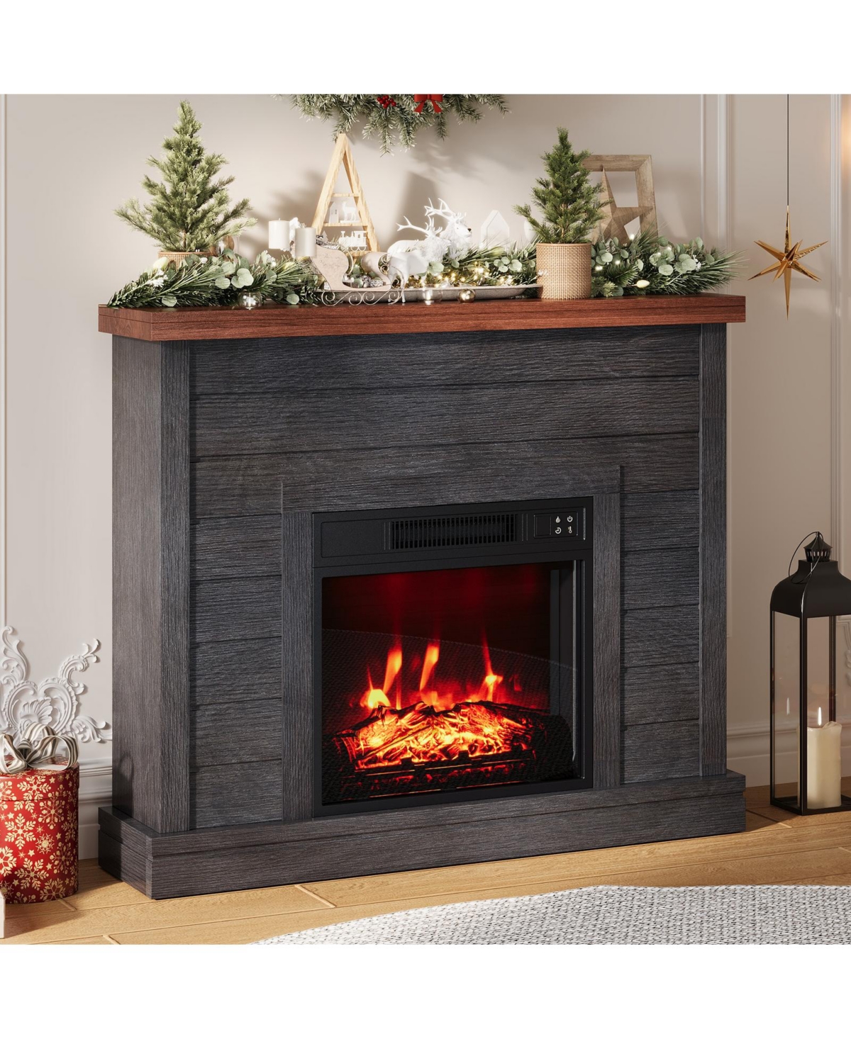 homfan Freestanding Electric Fireplace Mantel Tv Stand, 38" Engineered Wood and Tempered Glass with Remote Control Heater and Adjustable Flame