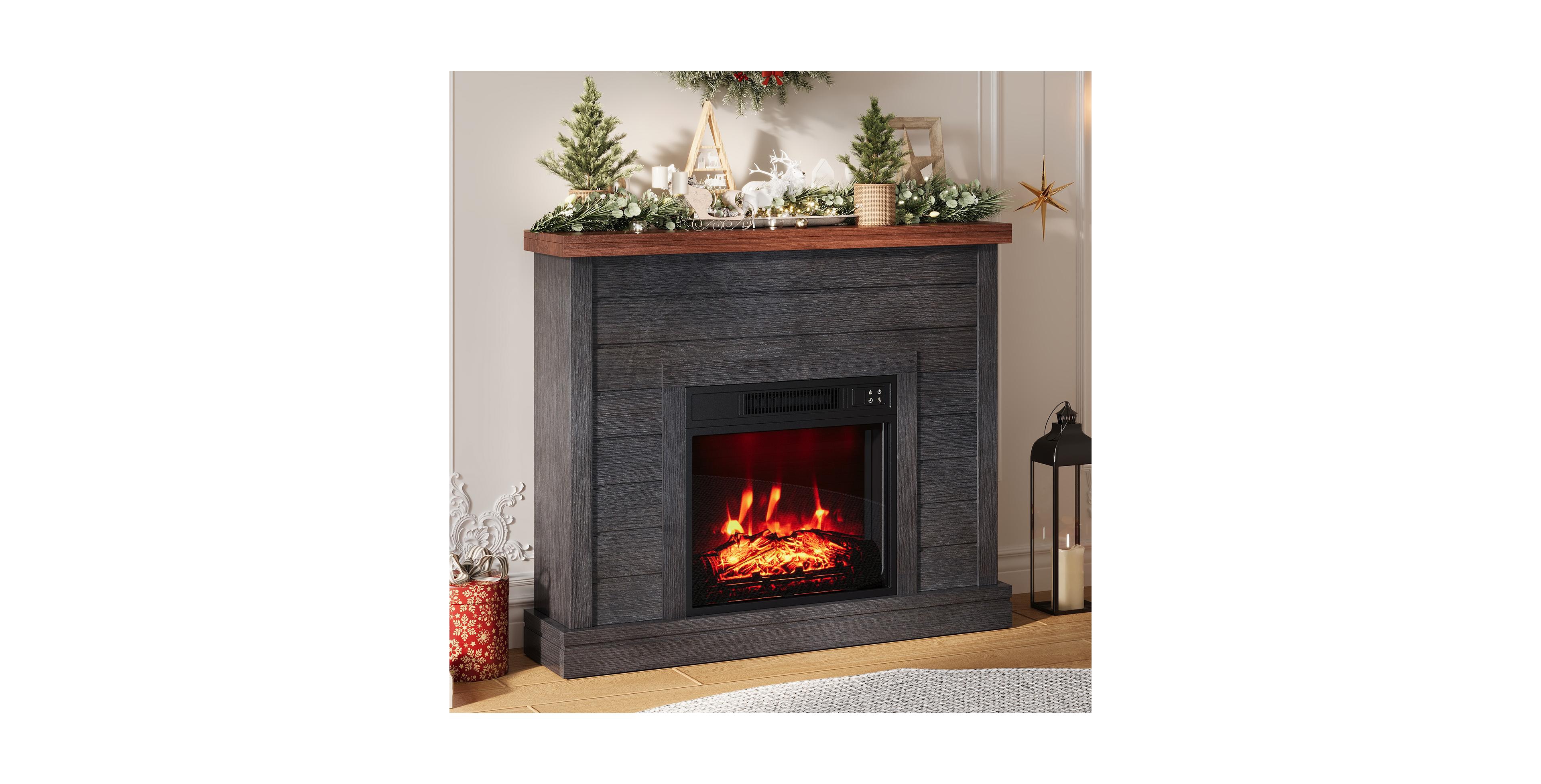 homfan Freestanding Electric Fireplace Mantel Tv Stand, 38" Engineered Wood and Tempered Glass with Remote Control Heater and Adjustable Flame