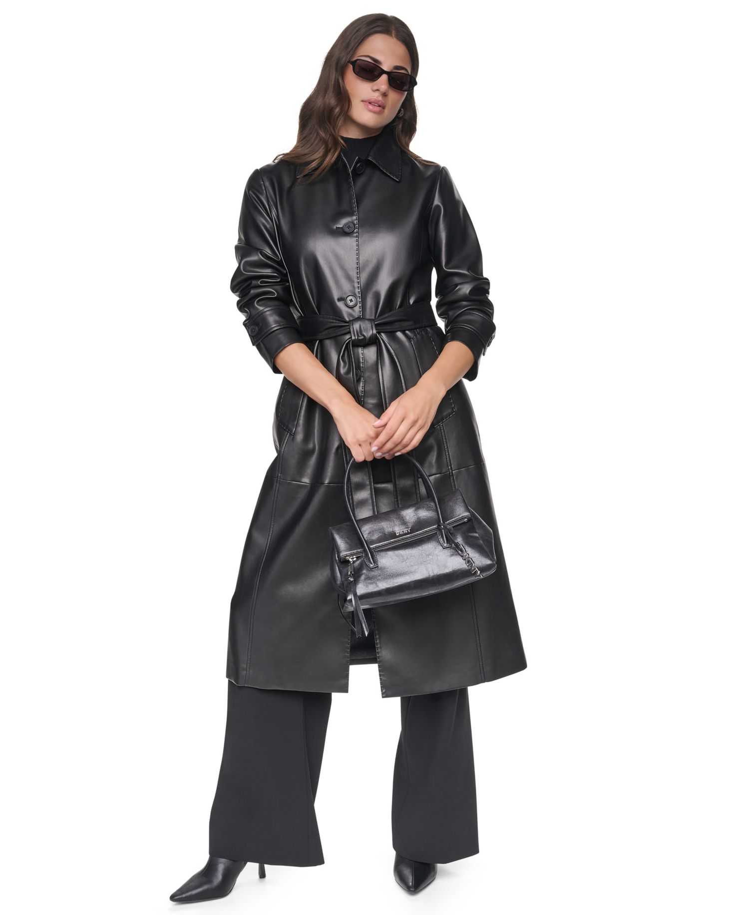 Women's Belted Long Faux Leather Trench Coat