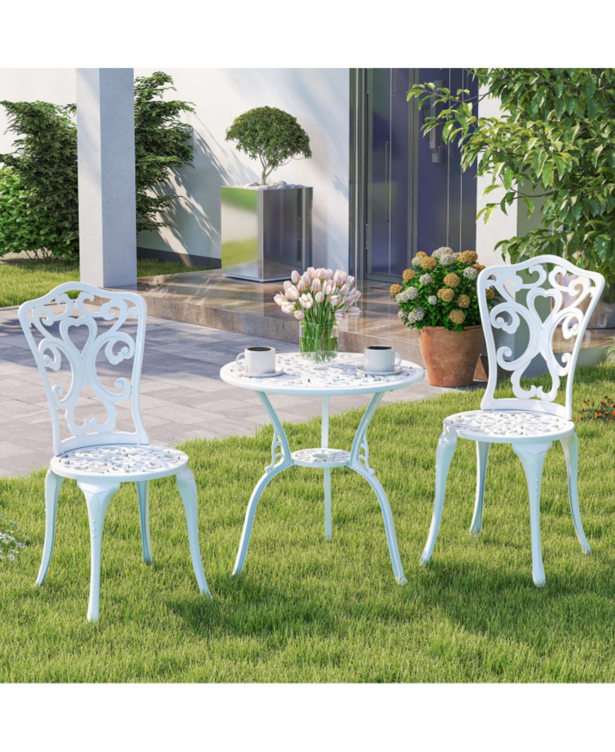 Clihome 3 Piece All Weather Cast Aluminum Bistro Chairs and Table with Umbrella Holes