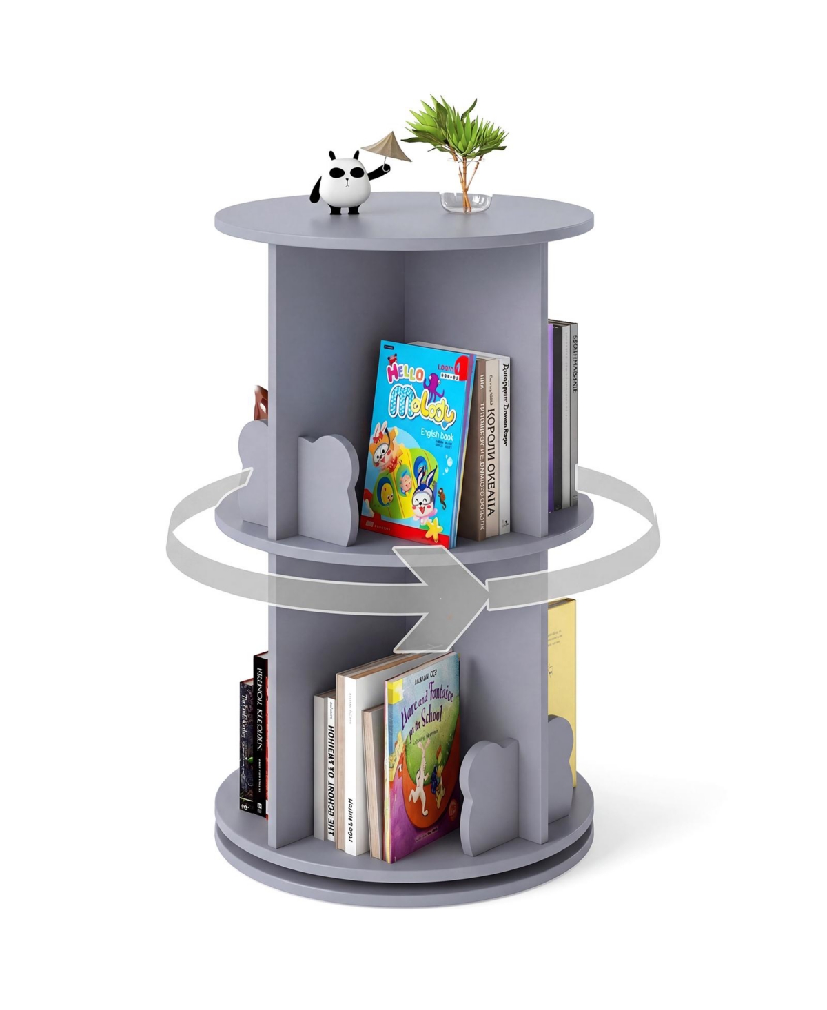 Gymax Rotating Bookshelf Cute 2-tier Kids Bookcase with Bear Bookends and 8 Compartments - Grey