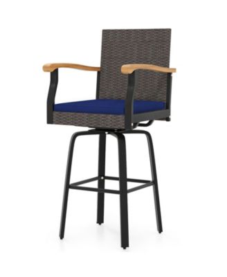 29'' Outdoor 360-Degree Swivel Bar Stool with Cushion and Acacia Wood Armrests Footrest
