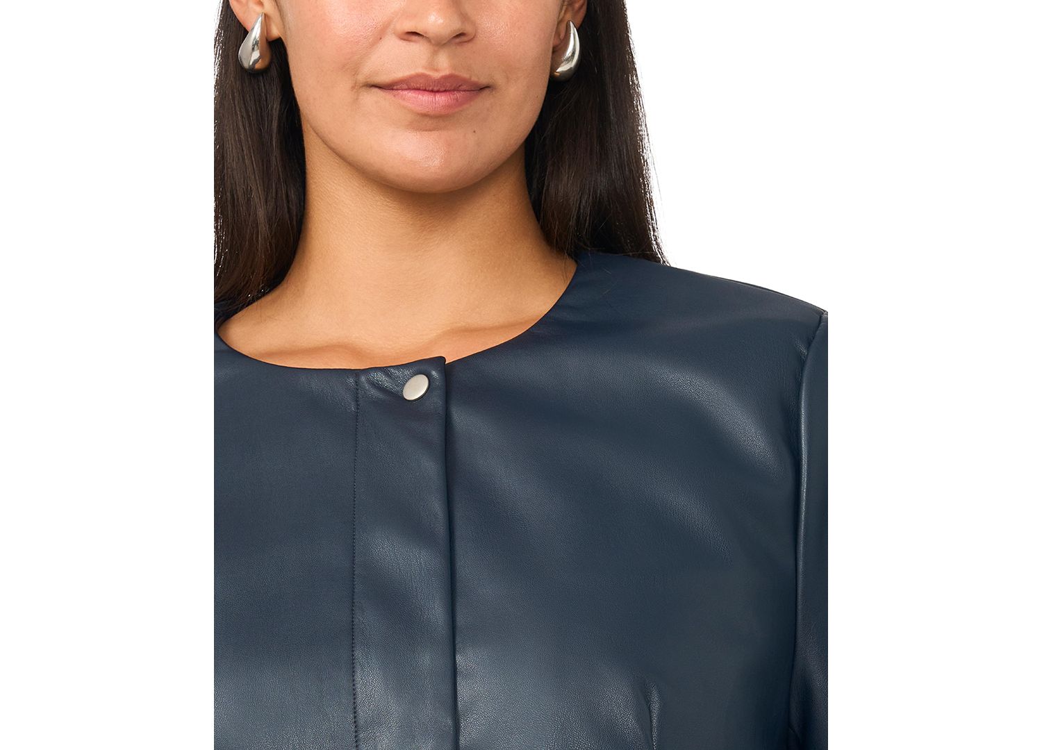 Plus Size Balloon Sleeve Faux Leather Crewneck Jacket