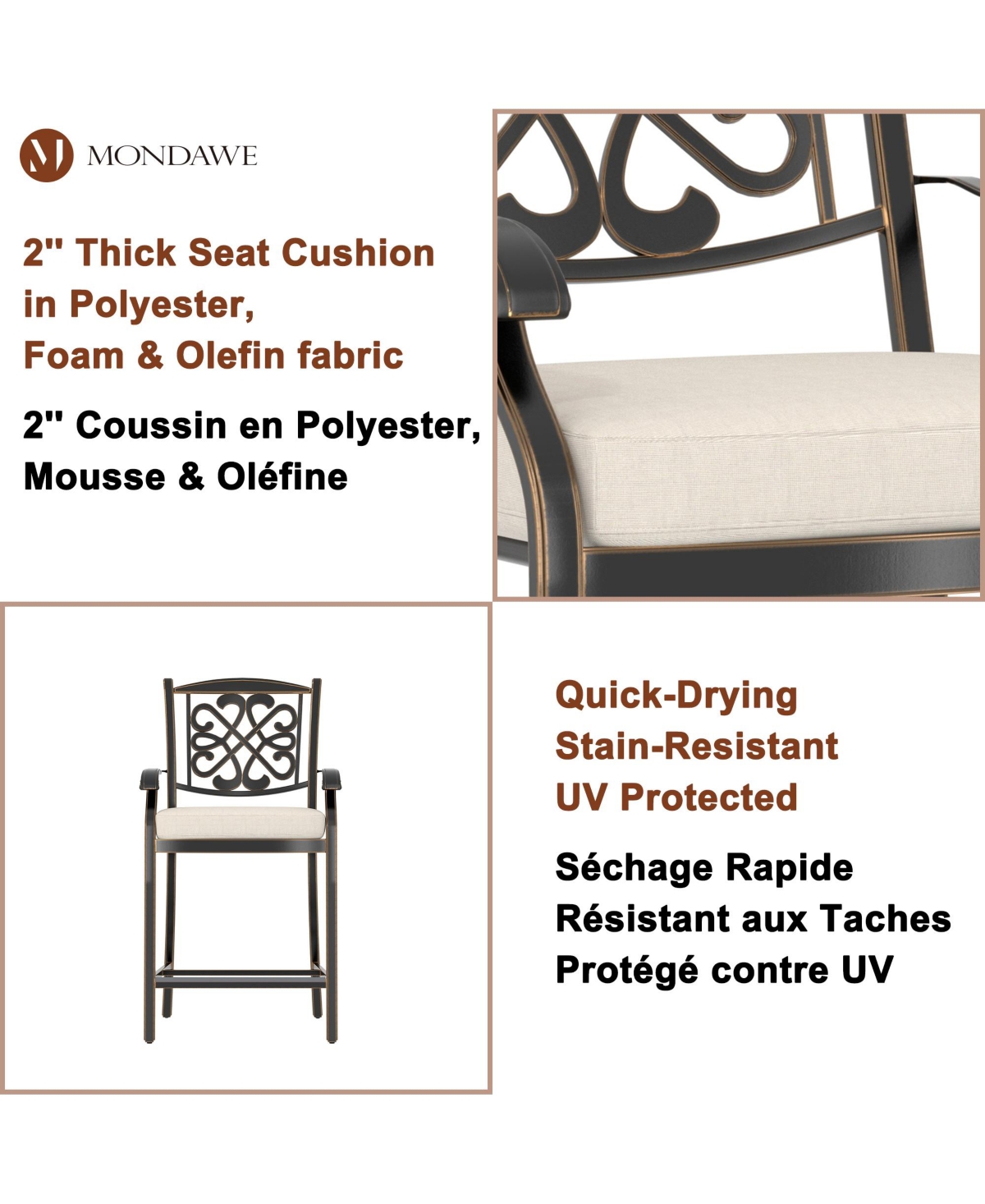 Mondawe 4-Piece Outdoor Bar Stool Set with Decorative Backrests and Beige Cushions