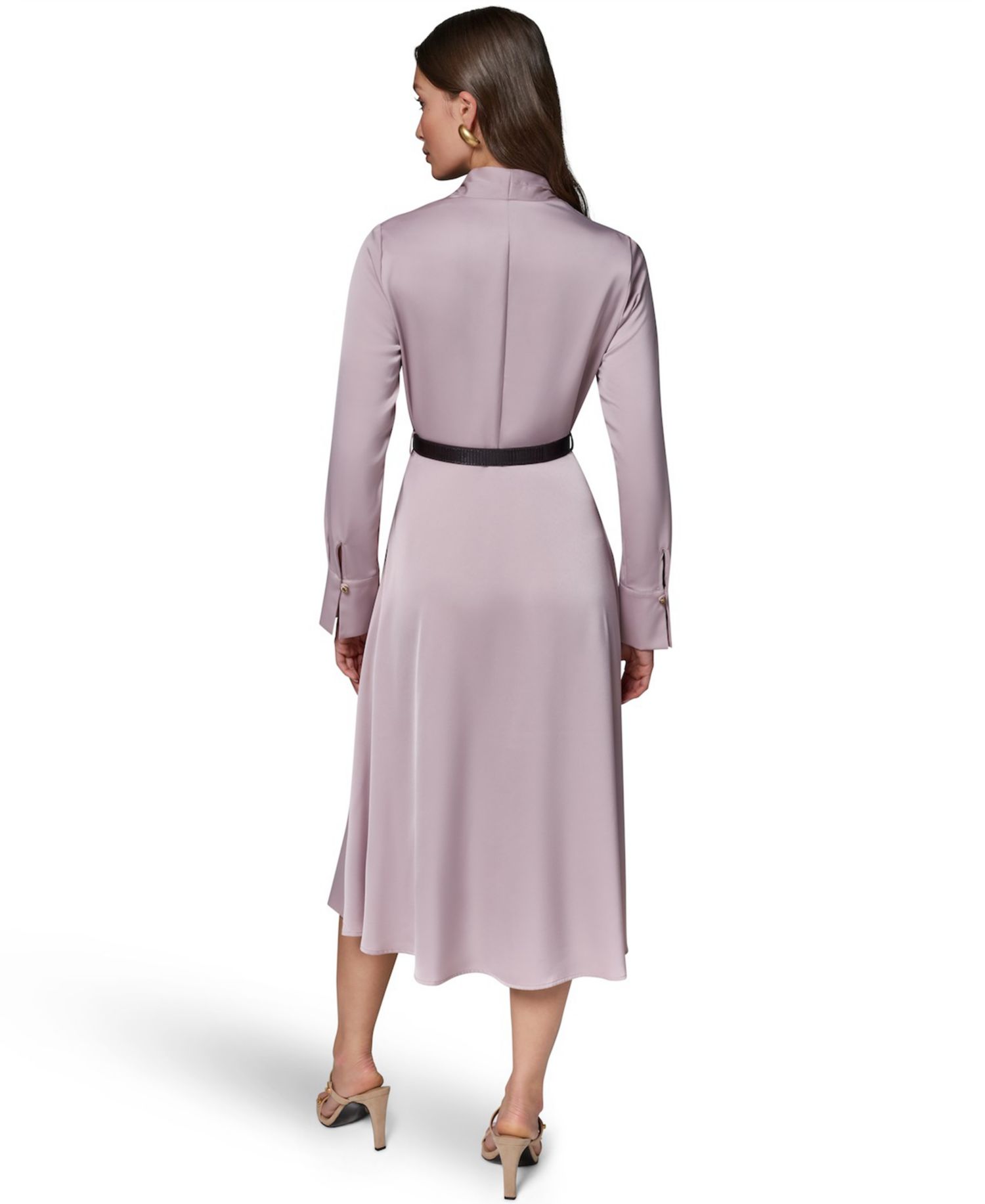 Women's Long-Sleeve Satin Belted Midi Dress