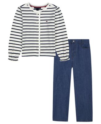 Baby Girls' Striped Ruffle-Collar Wide-Leg Cardigan and Pants, 2-Piece Set